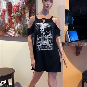 Goth Black Cold Shoulder mini S Dress with Skeleton nwot Graphic